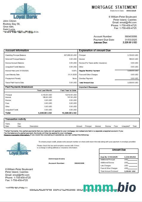 Saint Lucia Loyal Bank wyciąg z kredytu hipotecznego w formatach Word i PDF